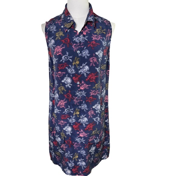Equipment Femme Silk Sleeveless Shirt Dress Navy Floral Print Small Petite - Picture 1 of 11